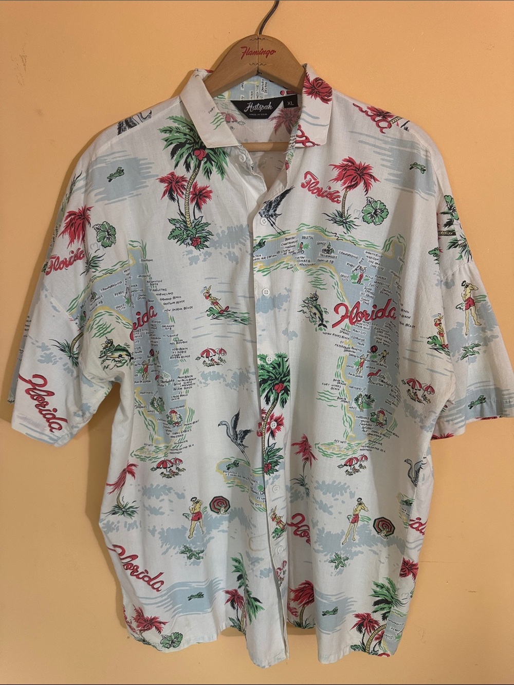 🌴 VINTAGE Hutspak "Florida Tour" All-Over Print Camp Shirt 🦩 Size XL